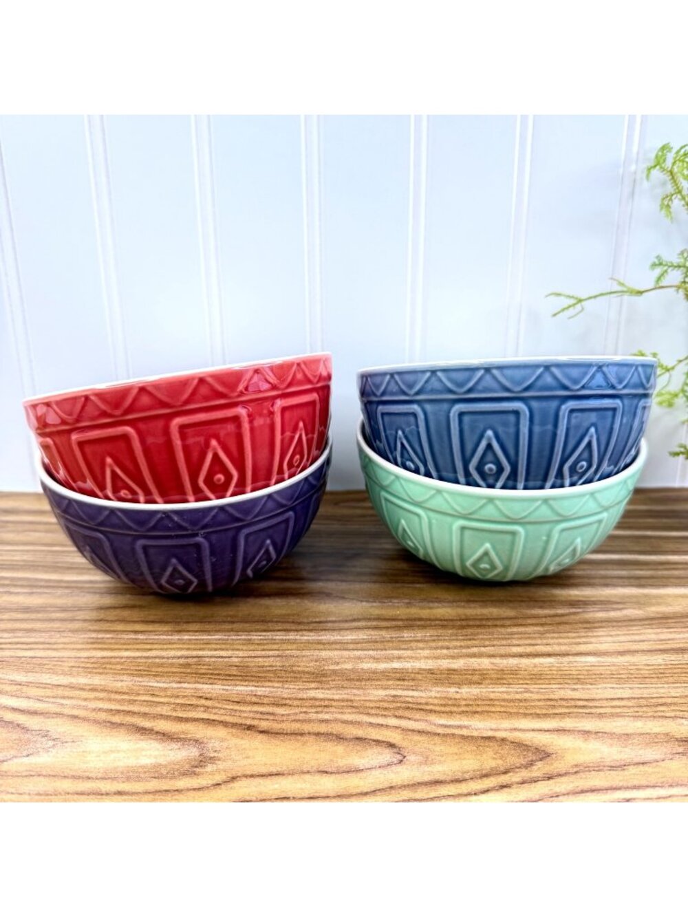 Trudeau Porcelain Set Of 4 Multicolor Soup Salad Bowls Embossed Ceramic Geometri